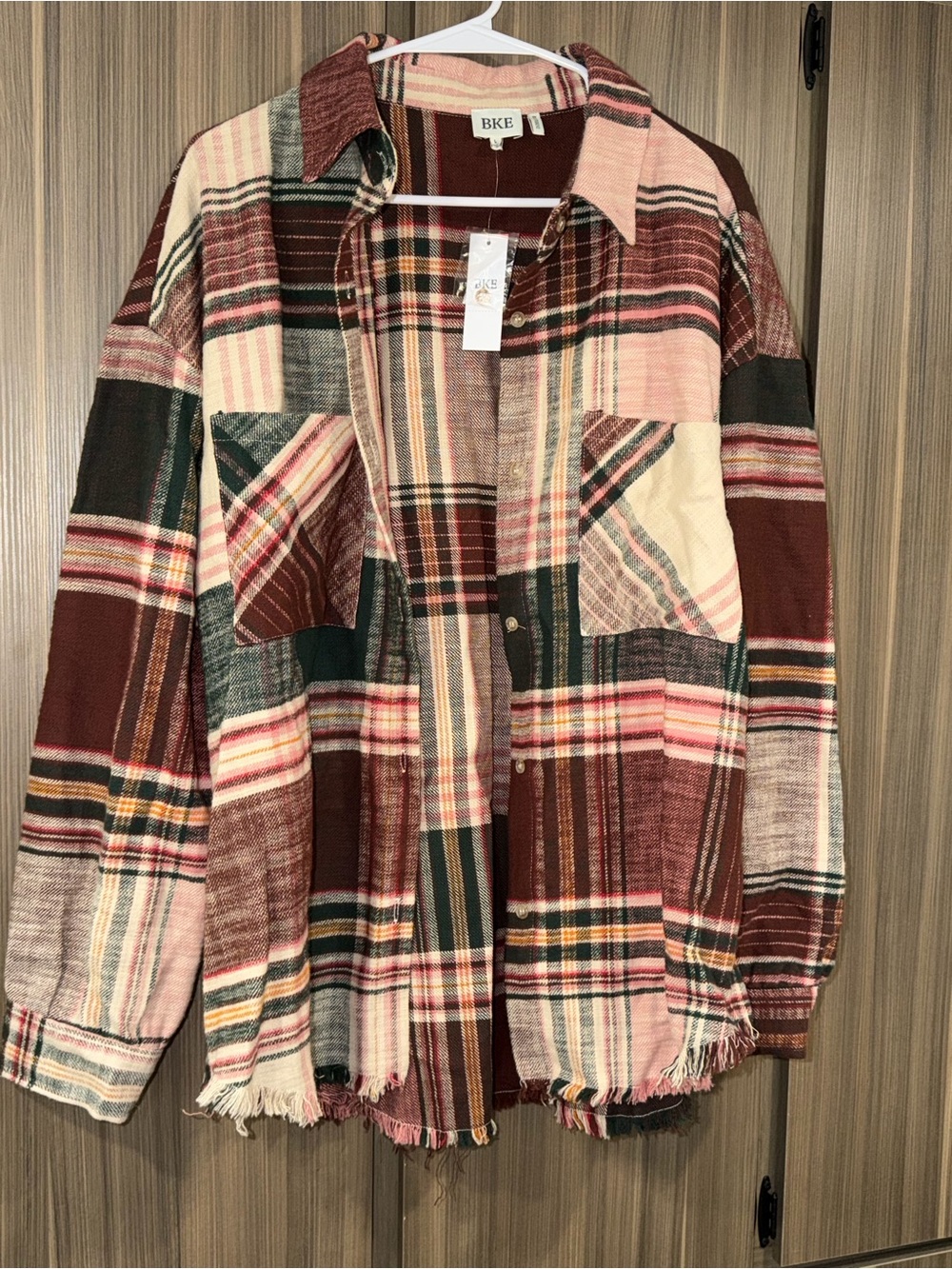 NWT BKE Plaid Patchwork Shacket in Burgundy, Pink & Green